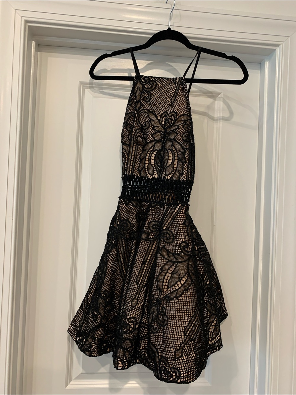 a'gaci Black Lace Halter Dress with Nude Underlay S full skirting